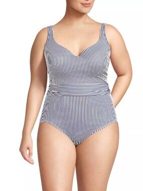 LANDS’ END Women’s Plus Size Striped SlenderSuit Belted One Piece 20W NWT